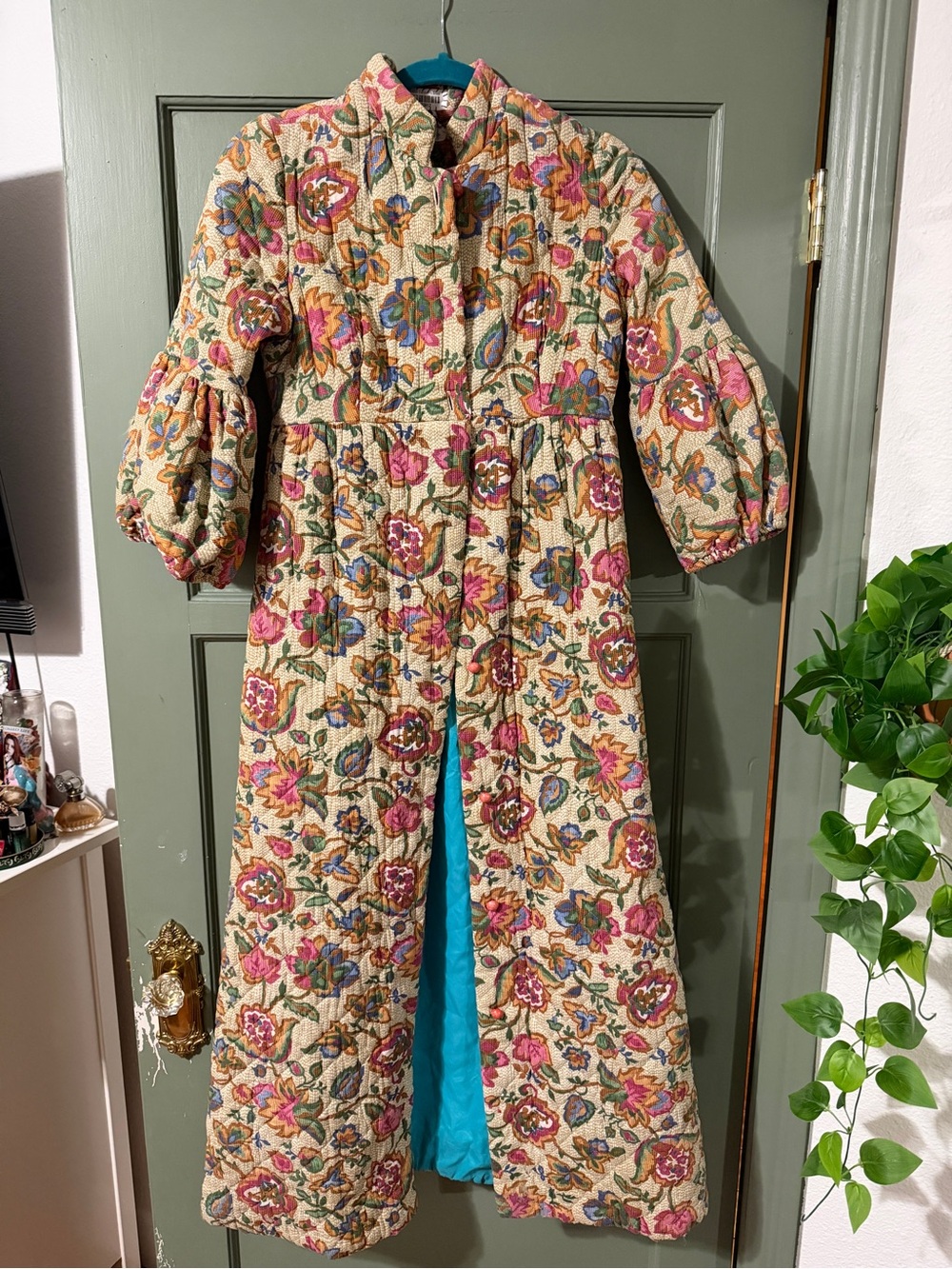 VINTAGE Floral Quilted Long Coat - Cream with Pink & Green Floral Print